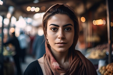Arab woman in hijab on the street market, Generative AI 1