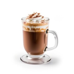 Chocolate with whipped cream in a glass mug isolated on white, hot beverage closeup