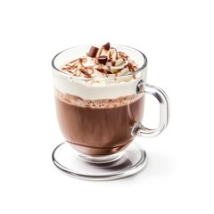 Chocolate with whipped cream in a glass mug isolated on white, hot beverage closeup