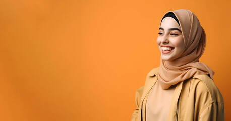 Arab woman smiling on orange background, banner, Generative AI 3