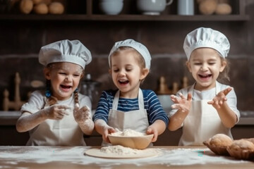 Cheerful children prepare dough, bake cookies in the kitchen. Generative AI