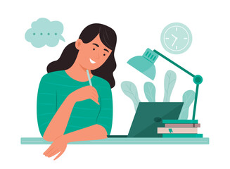 Young Woman Looking at Laptop for Online Learning Concept Illustration