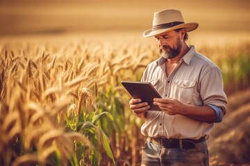 Farmer checking crop in a soybean field and making a notes. Agricultural concept Generative AI