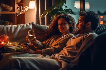 Fototapeta na wymiar Romantic young couple relaxing at home and drinking red wine Generative AI
