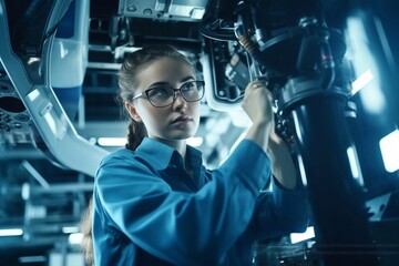 Female Auto Mechanic Working Underneath Car In Garage. Portrait of smiling young female mechanic. Female mechanic inspecting a lifted car. Mechanic woman working on car in her shop Generative AI