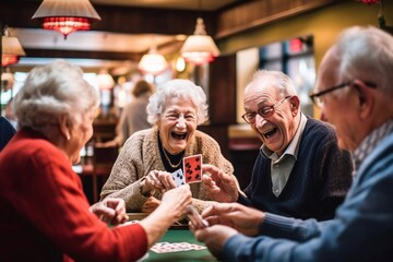 Group of senior people enjoying in conversation during lunch at dining table at nursing home. Generative AI