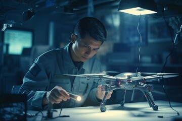 Engineer testing a military-grade drone in laborator Generative AI