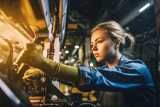 Female Auto Mechanic Working Underneath Car In Garage. Portrait of smiling young female mechanic. Female mechanic inspecting a lifted car. Mechanic woman working on car in her shop Generative AI