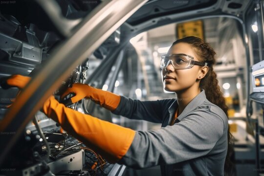 Female Auto Mechanic Working Underneath Car In Garage. Portrait of smiling young female mechanic. Female mechanic inspecting a lifted car. Mechanic woman working on car in her shop Generative AI