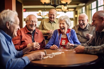 Retired multiethnic people playing cards together at home. Happy senior friends with african couple playing cards. Cheerful active seniors playing game at lunch table. Generative AI