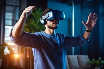smiling young asian man using virtual reality headset while sitting on couch at home Generative AI
