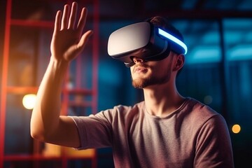 smiling young asian man using virtual reality headset while sitting on couch at home Generative AI