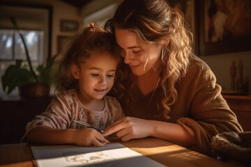 happy family mother and daughter read a book in the evening at home Generative AI