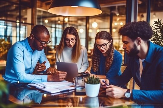 Happy businesspeople laughing while collaborating on a new project in an office. Group of diverse businesspeople using a laptop while working together in a modern workspace. Generative AI