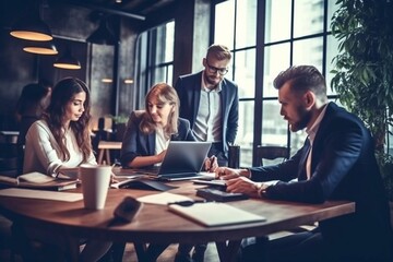 Fototapeta premium Group of young business people discussing business while working in the office together Generative AI