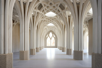 Fototapeta na wymiar A long hallway of white arches and columns in a large cathedral