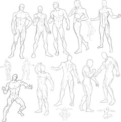 A set of male figures in motion and in different poses for business cards, books, booklets, illustrations, postcards, invitations