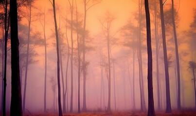  a forest filled with lots of tall trees covered in fog and mist at sunset or sunrise or sunset in the morning or sunset in the evening.  generative ai