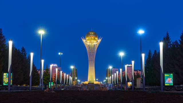 Night view of Nurjol Boulevard with Baiterek tower in Astana