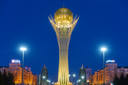 Baiterek tower in Astana (Nur-Sultan) at night