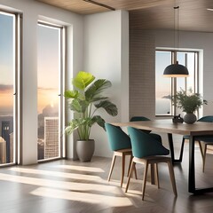 Bright minimalist home interior. White walls with desk and sunlight rays streaming through windows generative AI