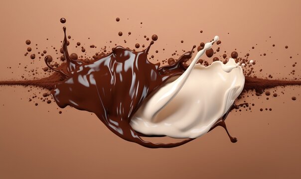  A Chocolate And White Liquid Splashing Into Each Other On A Brown Background With Drops Of Chocolate On The Bottom Of The Image And The Liquid.  Generative Ai