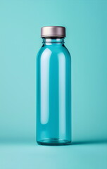 clear water bottle isolated on plain blue studio background, made with generative ai 