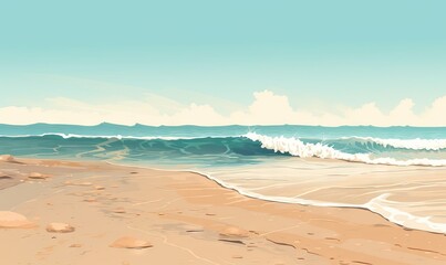  a painting of a beach with waves coming in to shore and a person standing on the beach with a surfboard in the sand and a blue sky with clouds.  generative ai