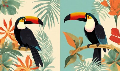  two pictures of a toucan sitting on a branch with tropical leaves and flowers in the background, one of which has a toucan a large colorful toucan toucan.  generative ai