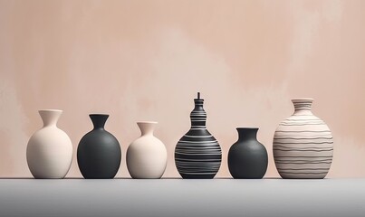  a group of vases sitting on top of a table next to each other on a table top with a pink wall in the background.  generative ai
