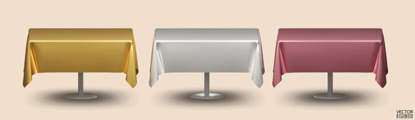 Set of square table with Tablecloth Isolated on beige Background. Meeting room table clothes, gold, silver and rose gold silk table clothes. 3D vector illustration.