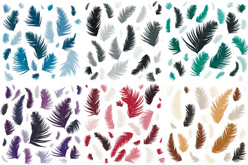 Set of blue, red, green, black brown, yellow, purple feathers