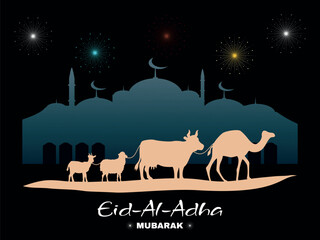 Eid al adha Mubarak card festival luxury vector illustration Ornamental Background design with Ornaments, mosque, camel, cow, goat and 
sheep premium vector design

