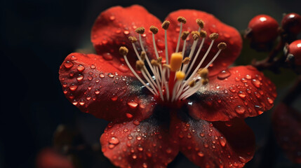 Close up photography of red blossom from the darkness above