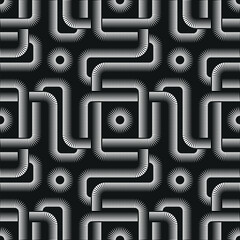 Decorative grid made of chained striped squares on a black background. Intersecting dashed lines. Black and white modern design. Seamless geometric vector pattern.