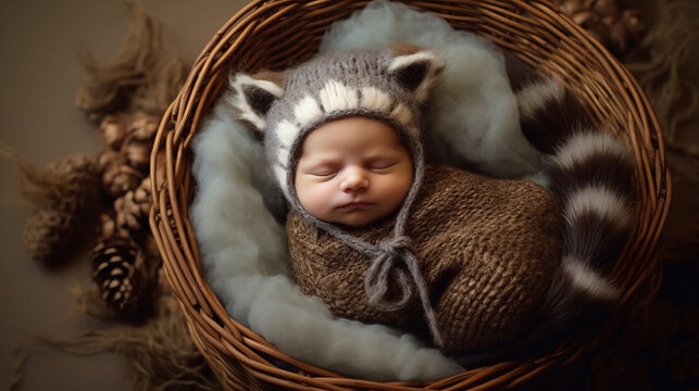 Portrait of a cute newborn baby in a knitted hat, baby sleeps in a crib in autumn photo zone. Created in AI.