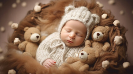 Professional photo shoot of a newborn baby in a knitted suit and a hat with ears, a baby sleeping in a soft location with toys in the form of a little bear cub. Created in AI.