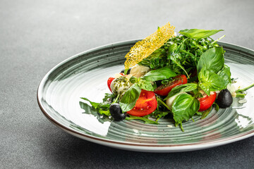 Salad with cheese and fresh vegetables, Restaurant menu, dieting, cookbook recipe top view