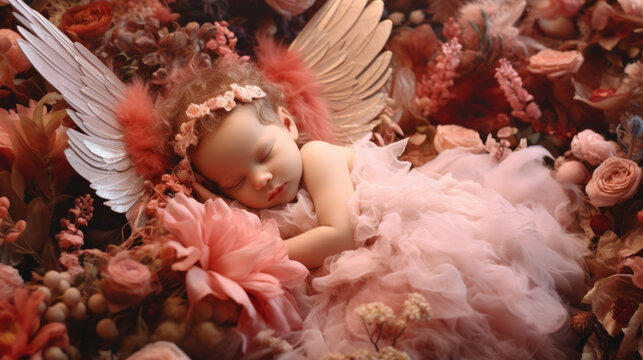 Portrait of a cute newborn bright baby, a baby with wings sleeps in pink flowers of the photo zone. Created in AI.