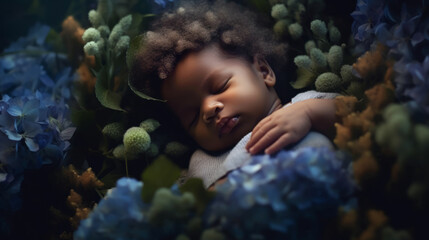Portrait of a newborn swarthy afro baby who sleeps in beautiful flowers. Created in AI.