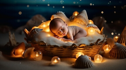 A newborn baby sleeps in a delicate bed made of shells on the shore of a night and fabulous sea sandy beach with lanterns. Created in AI.