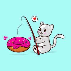 Cute cat fishing for donuts. Illustration of cute animal mascot.