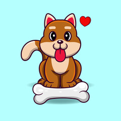 Vector illustration of a cute dog sitting in front of a bone.