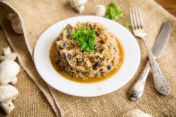 cooked bulgur with mushrooms, carrots and vegetables in a plate