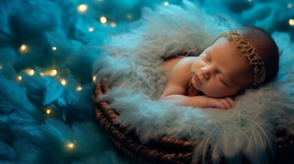 A newborn beautiful baby sleeps in a delicate bed made of feathers and down in turquoise bokeh colors. Created in AI.