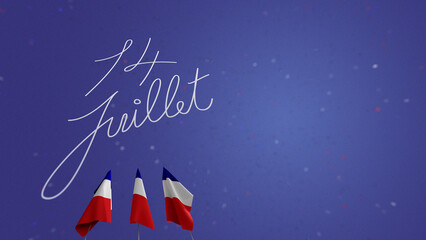 A text 14 juillet written in the night sky, three flags of France. The French national holiday; translation : July 14th, corresponds to Bastille Day.