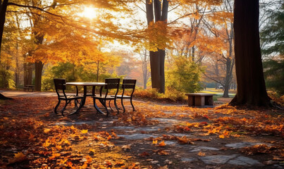 Autumn picnic: serene landscape with fall foliage and picnic table. Created using generative AI tools
