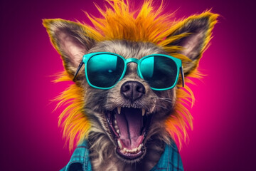 Obraz premium A funny dog wearing sunglasses, exuding a playful and lighthearted vibe with its colorful and amusing appearance. Ai generated