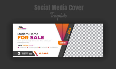 Modern home social media cover design template for sale, real estate company business promotion, orange gradient mixed with black color shape layout, corporate and creative geometric white background