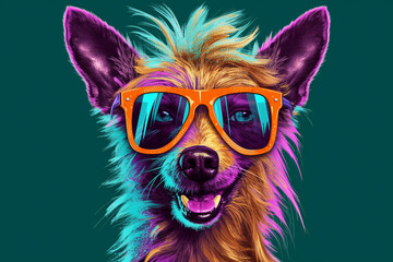 Fototapeta premium A funny dog wearing sunglasses, exuding a playful and lighthearted vibe with its colorful and amusing appearance. Ai generated